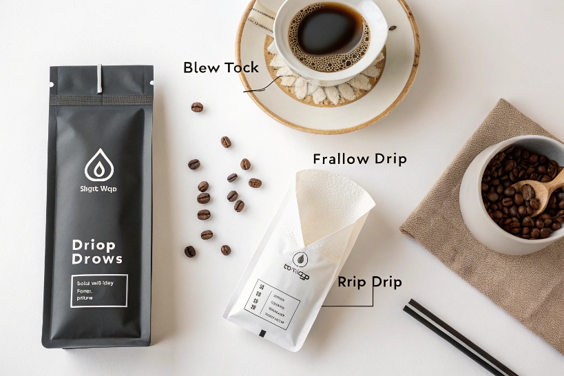 Drip coffee bag set with beans, cup, and brewing filter