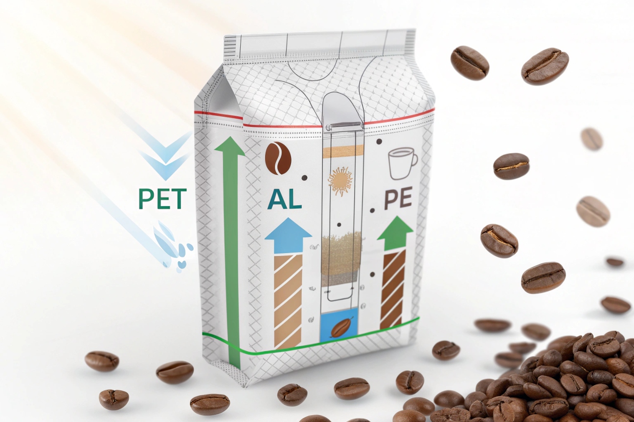 Trilaminated pouch structure PET AL PE protects coffee from air
