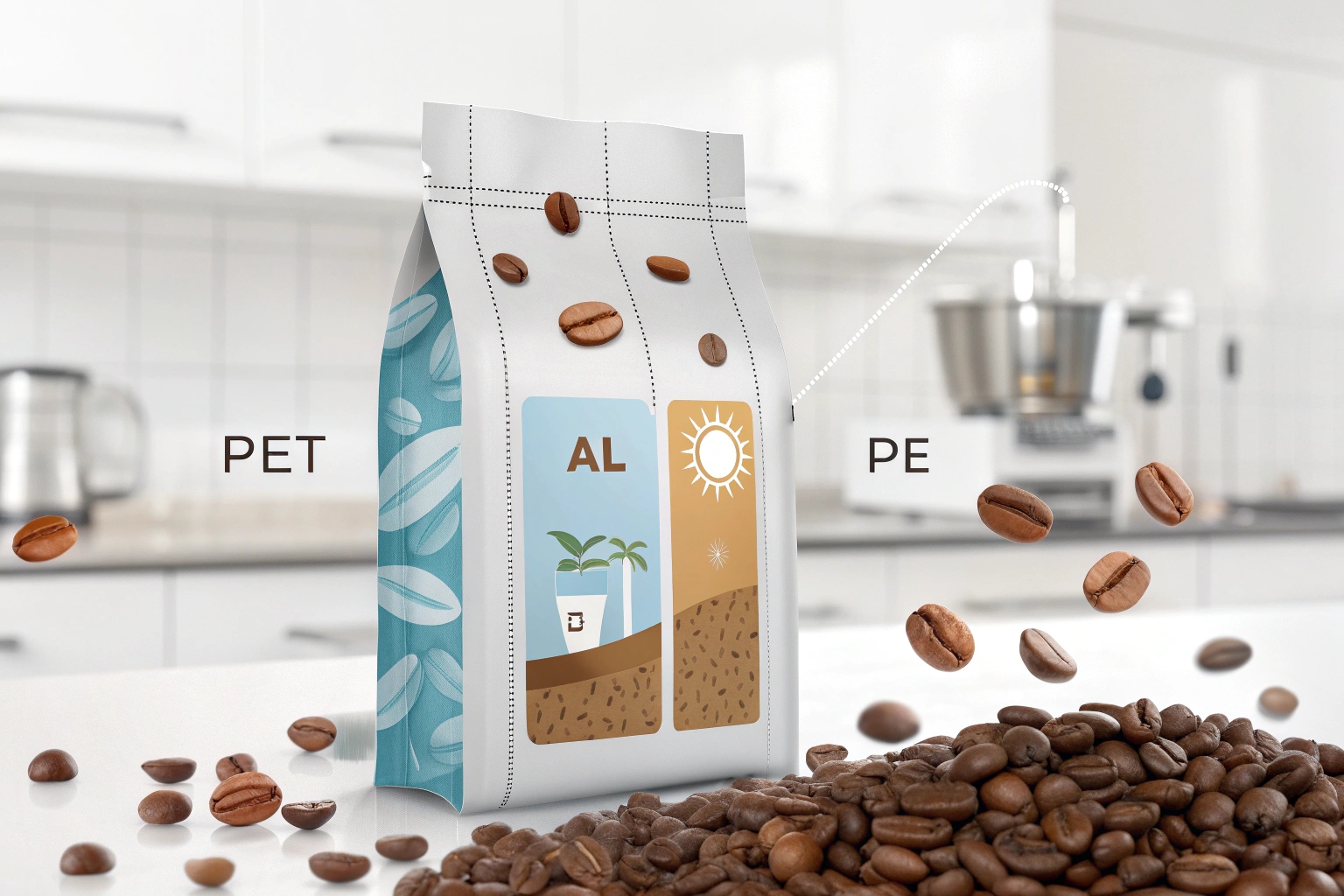 Trilaminated PET AL PE pouch keeps coffee beans fresh longer