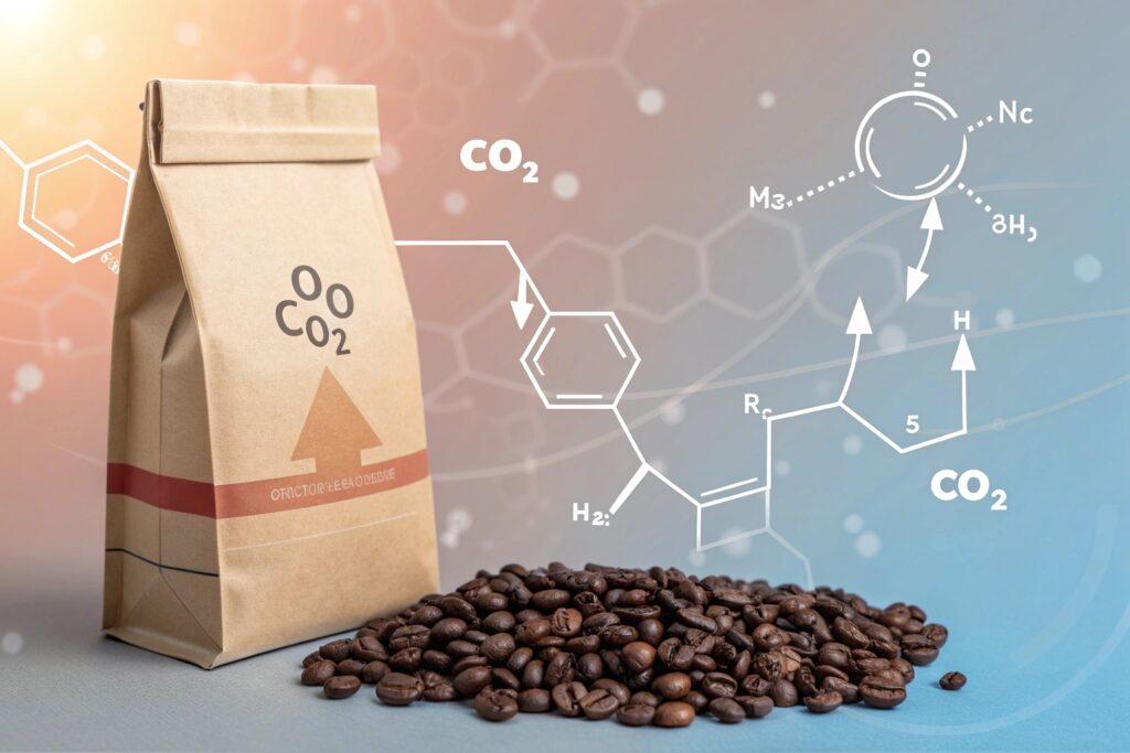 Coffee pouch with CO₂ degassing concept and roasted coffee beans