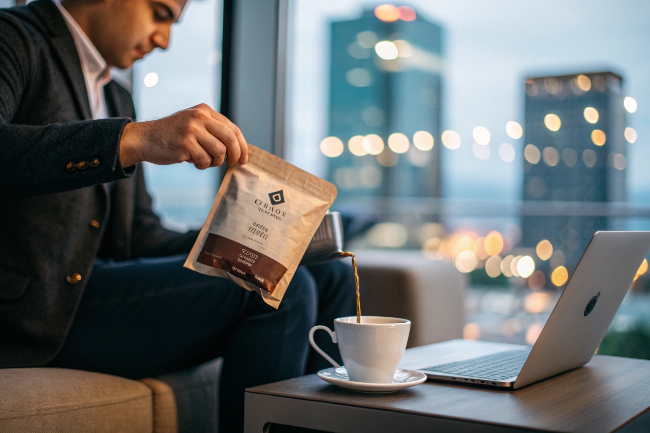 Man pouring coffee from kraft pouch into white cup beside laptop in modern city-view setting.