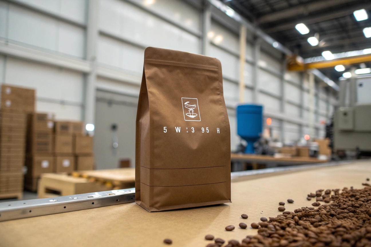 Kraft paper coffee pouch with printed dimensions on factory table next to coffee beans.