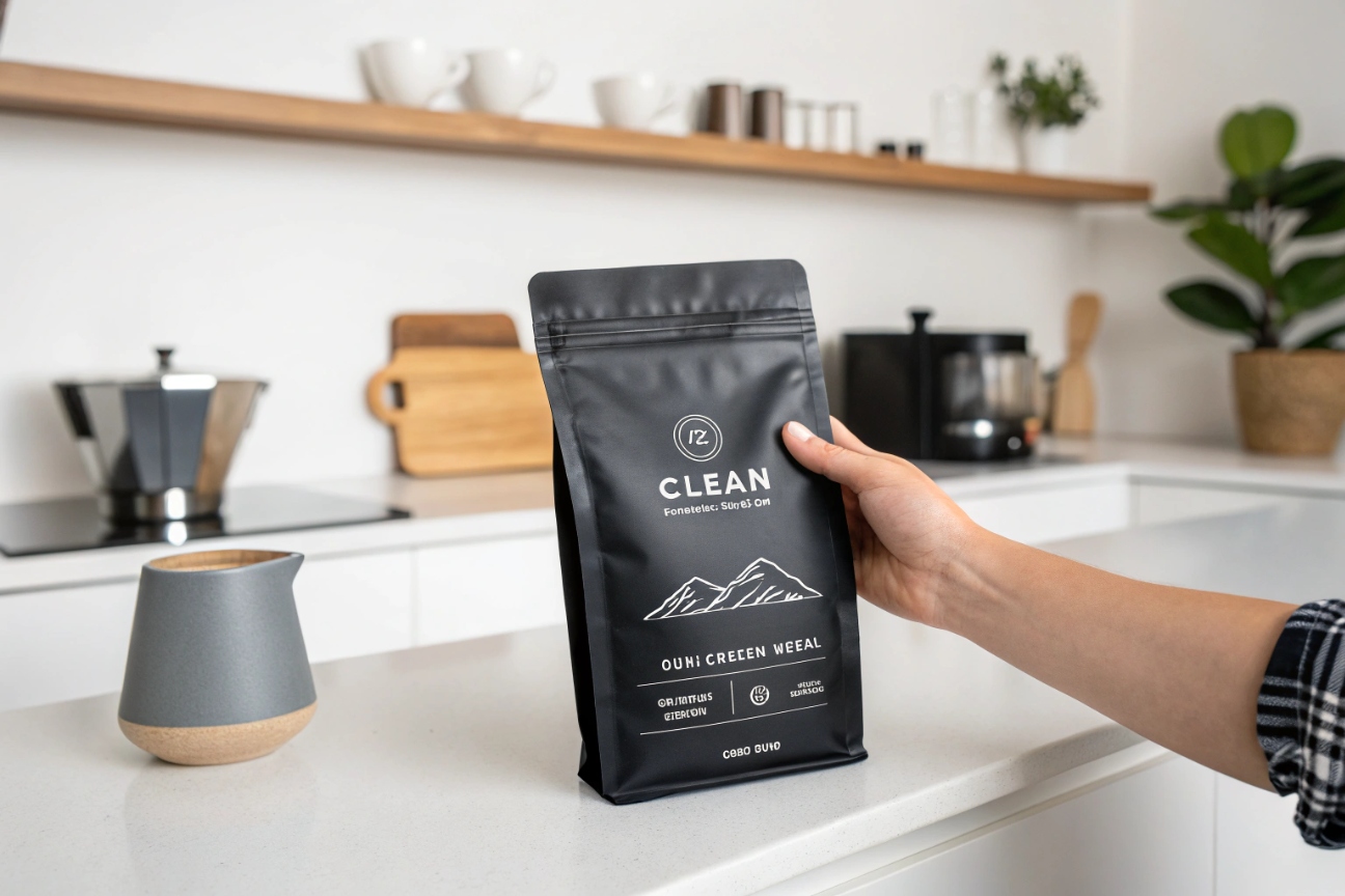 Hand holding matte black coffee pouch with white minimalist design in modern kitchen setting.