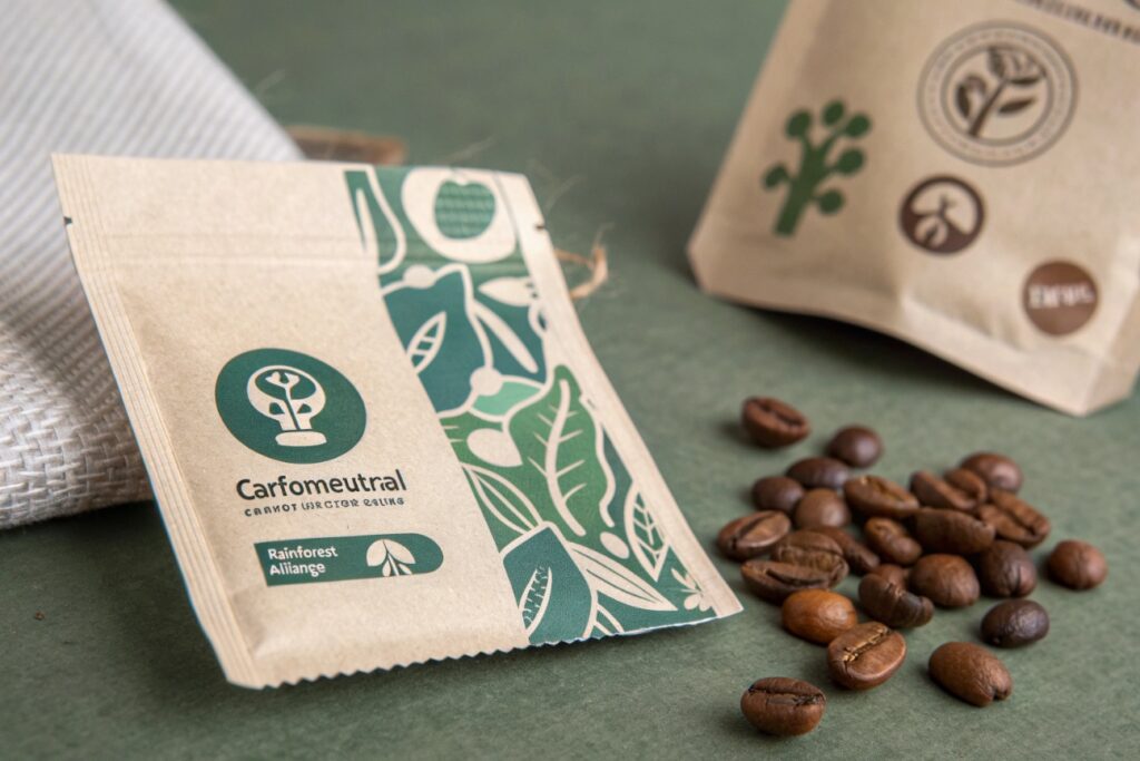 Sustainable kraft coffee pouch with green print design and coffee beans on green background.