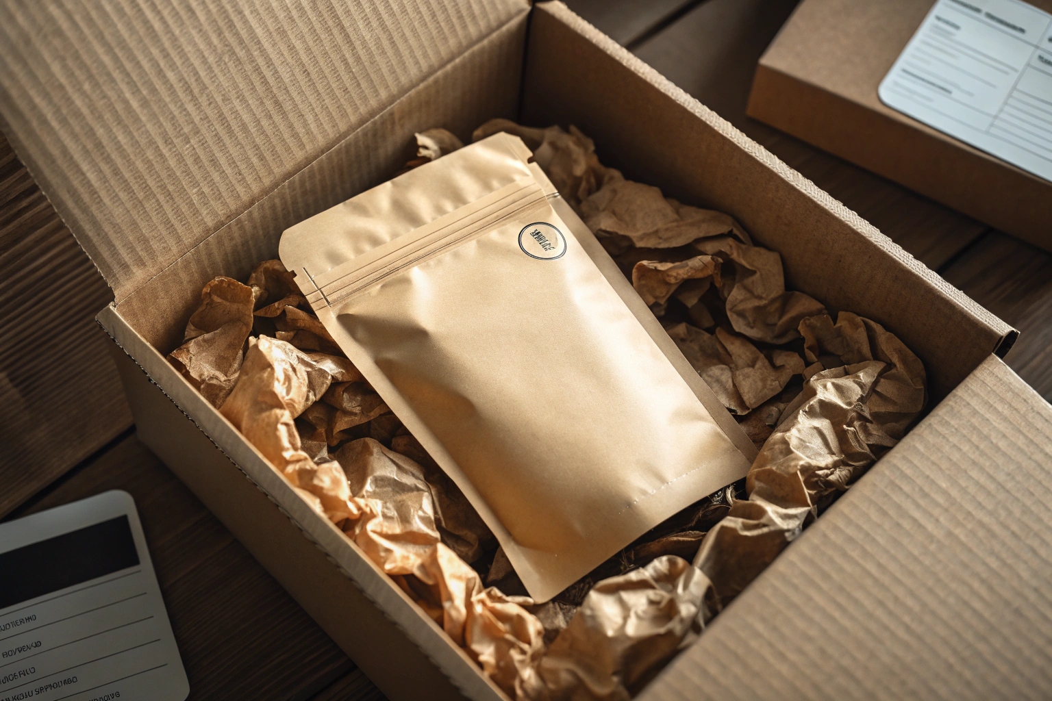 Kraft paper stand-up pouch with label packed in cardboard shipping box with paper filler.