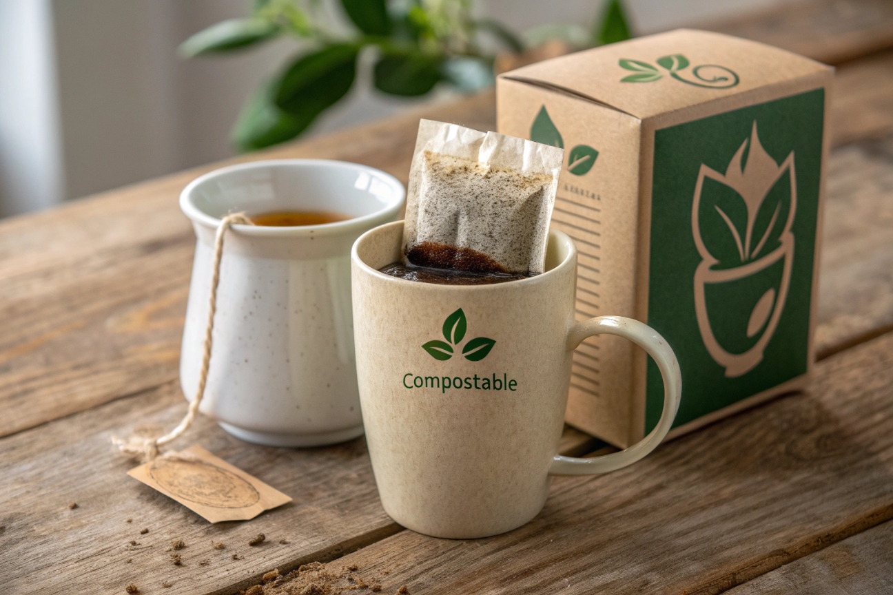 Compostable drip coffee bag in eco-friendly mug with sustainable packaging box on rustic table.