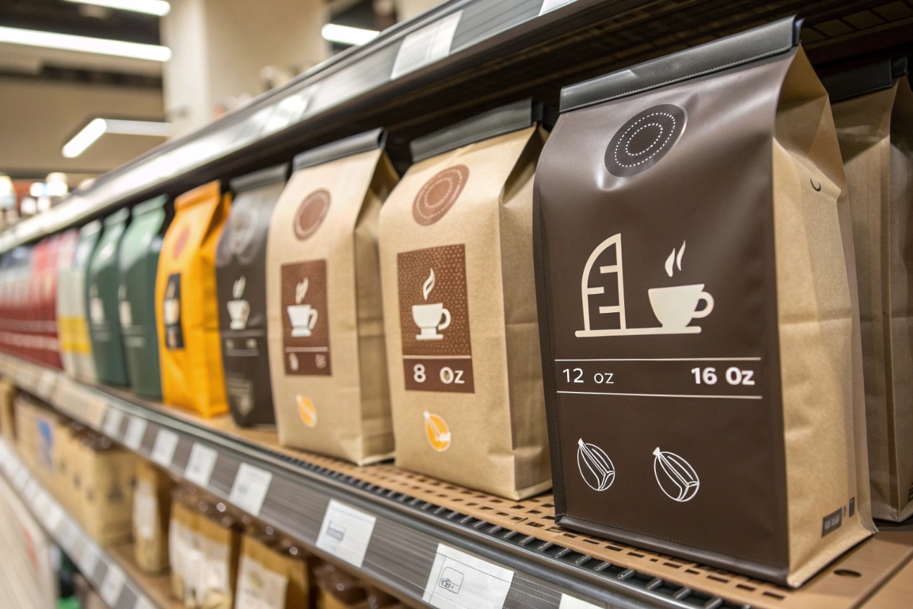 : Variety of kraft coffee bags with printed sizes like 8 oz and 16 oz displayed on retail shelf.