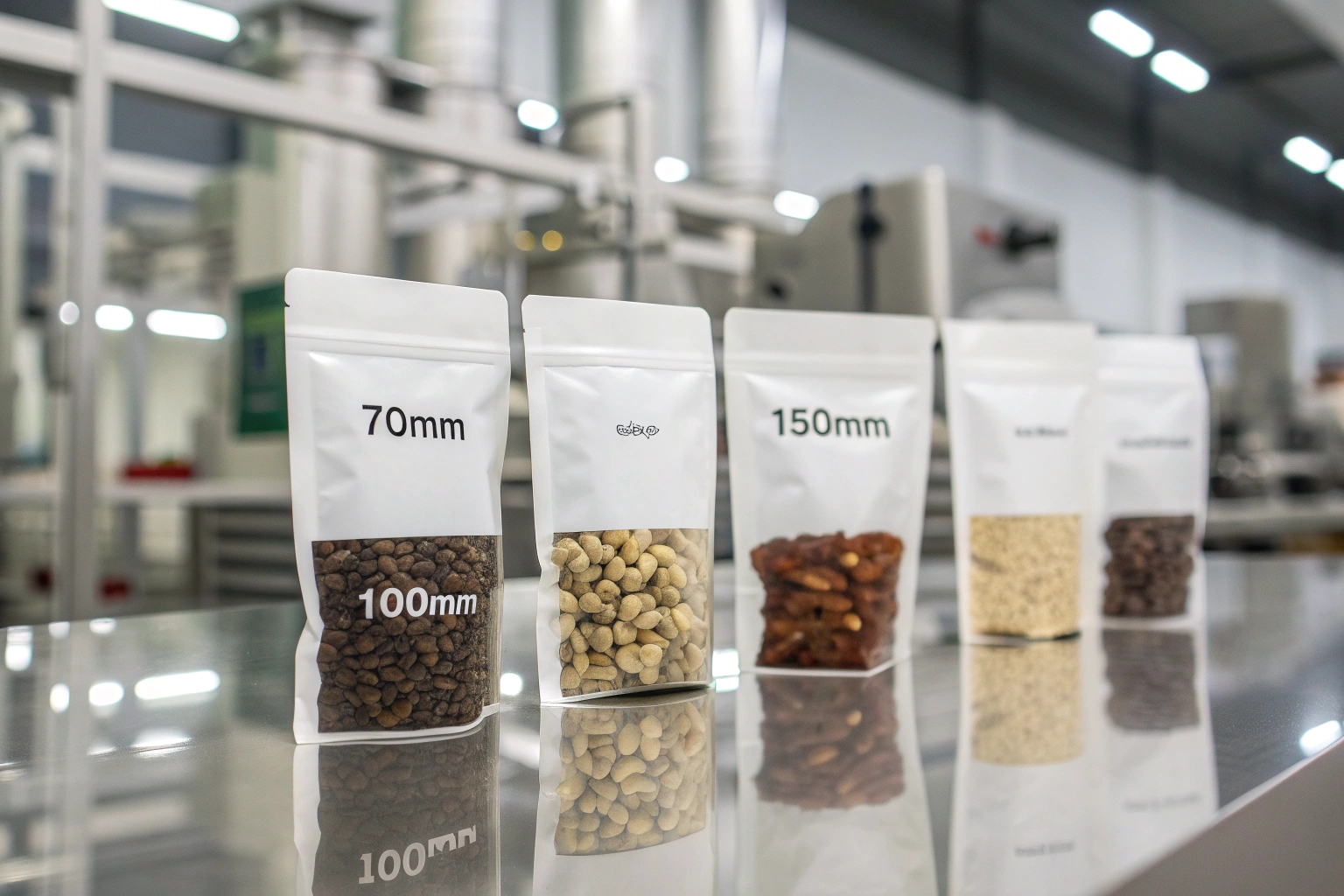 White stand-up pouches filled with various nuts and snacks, labeled with sizes, displayed on factory table.