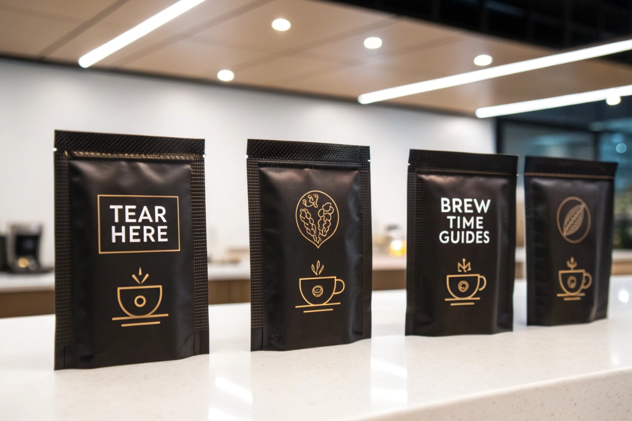 Four black single-serve coffee sachets with gold icons and brewing instructions on countertop.