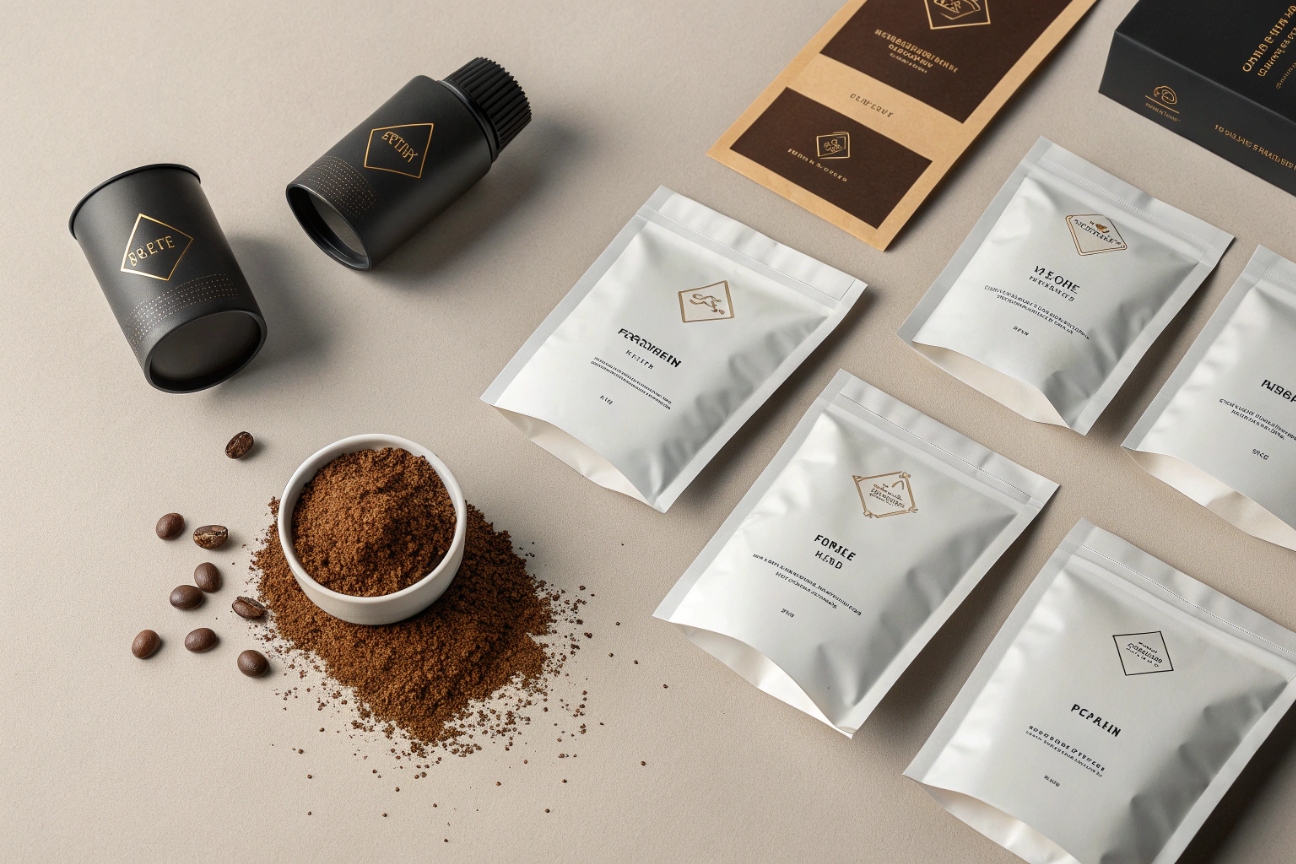 Flat lay of white coffee pouches, coffee grinder, ground coffee and beans on beige background.