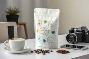 Custom printed stand-up coffee pouch on table with coffee beans, powder, and cappuccino cup nearby.