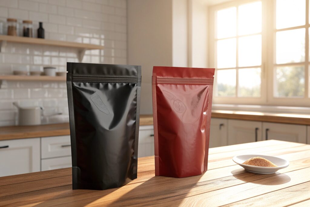 Matte black and red stand-up pouches with zipper seals on wooden kitchen counter, ideal for coffee or food packaging.