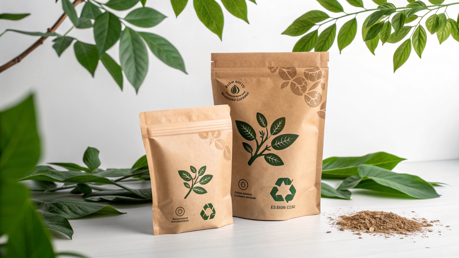 Eco-friendly kraft paper stand-up pouches with green leaf design, surrounded by plants and powder.