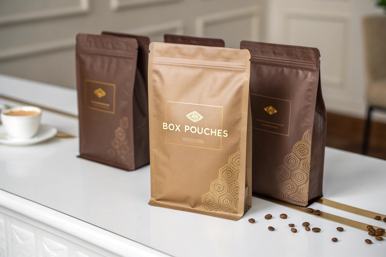 Elegant box bottom coffee pouches in brown and gold, displayed with coffee beans and cup on table.