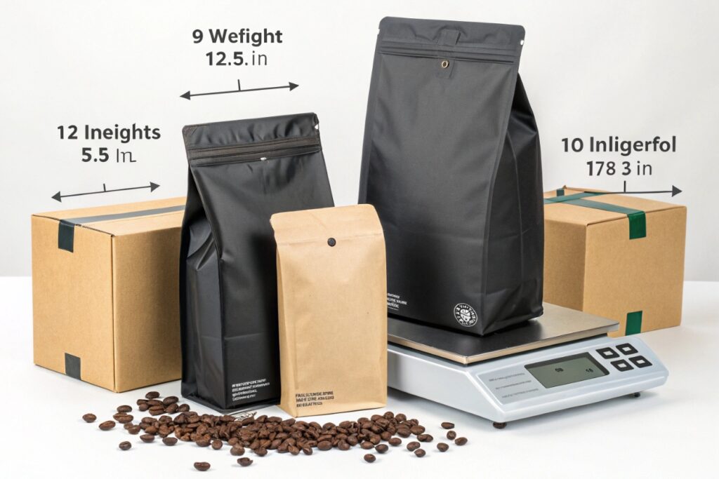 Various sizes of kraft and black coffee pouches displayed on scale with measurement labels and coffee beans.