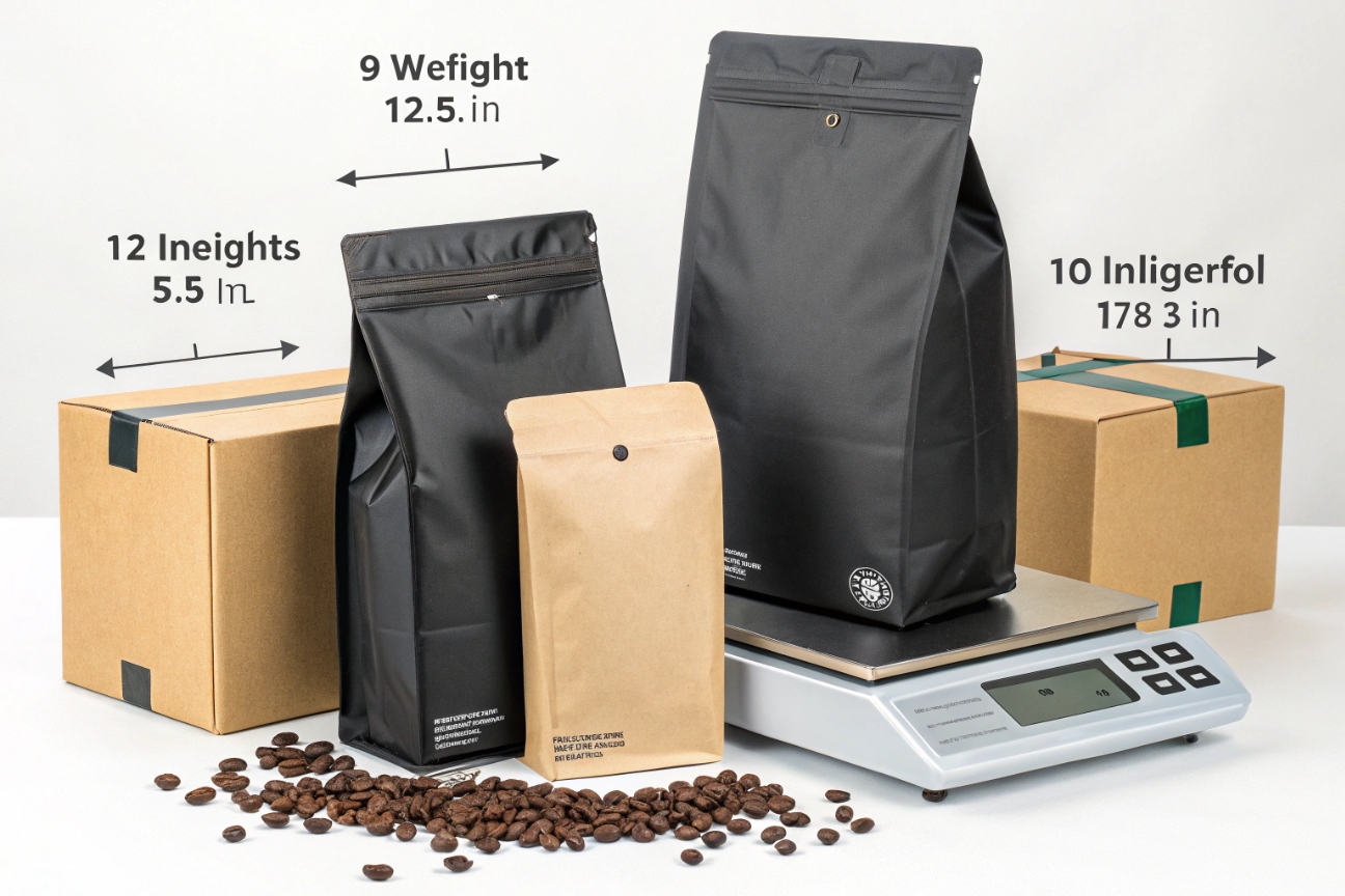 Various sizes of kraft and black coffee pouches displayed on scale with measurement labels and coffee beans.