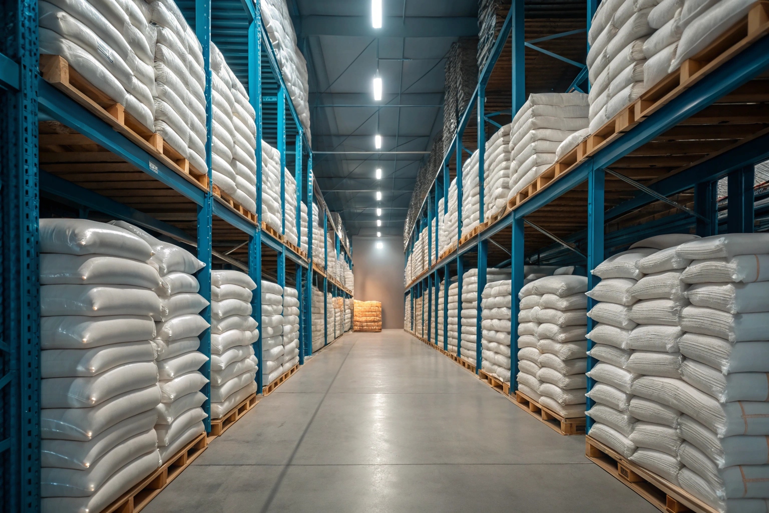 Industrial warehouse with stacked white packaging material bags on blue metal racks.