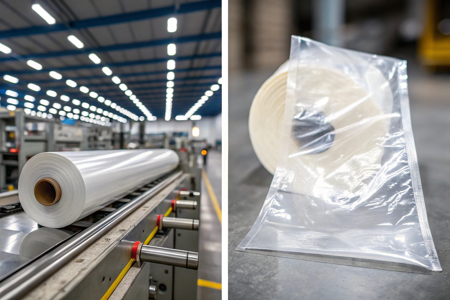 Clear plastic film roll on production line and finished transparent packaging pouch on factory floor.
