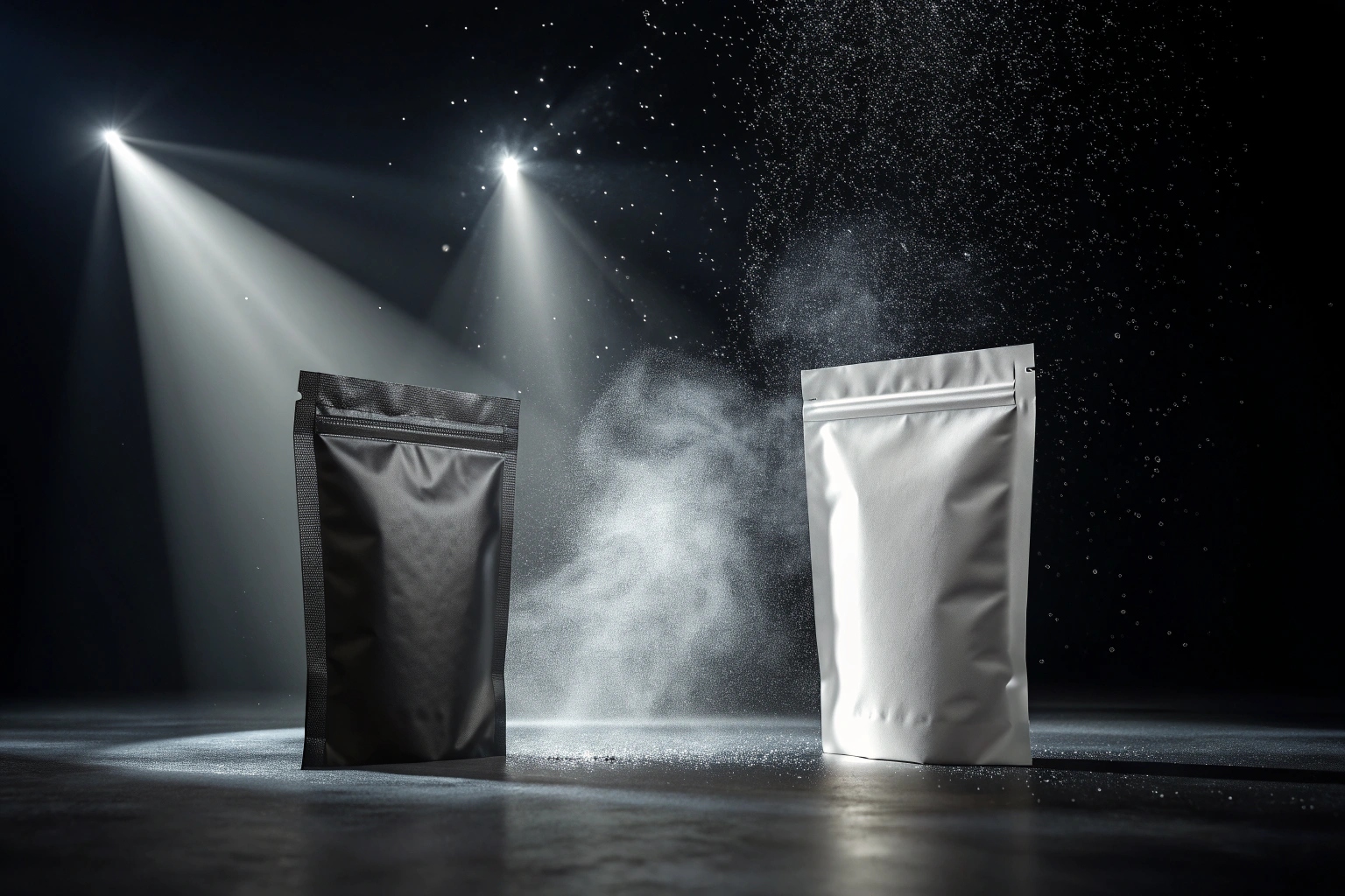 Black and white matte stand-up pouches under dramatic lighting with powder effect in background.