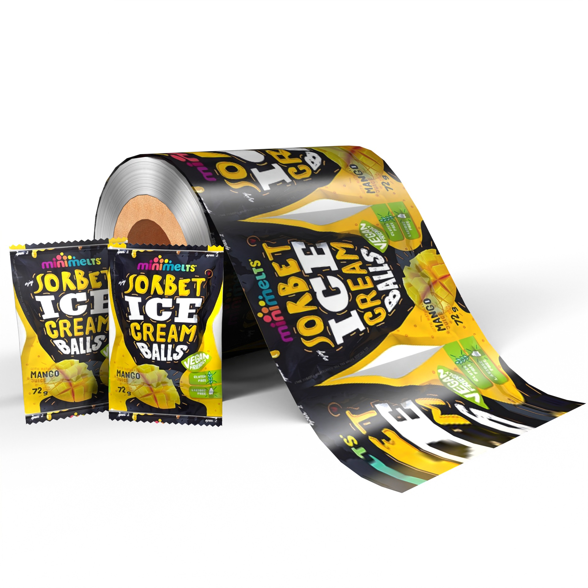 Mango-flavored sorbet ice cream balls packaging in black and yellow printed roll film and sachets.