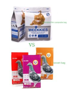 Comparison of laminated film composite cat food bags and woven pigeon food bags with labels.