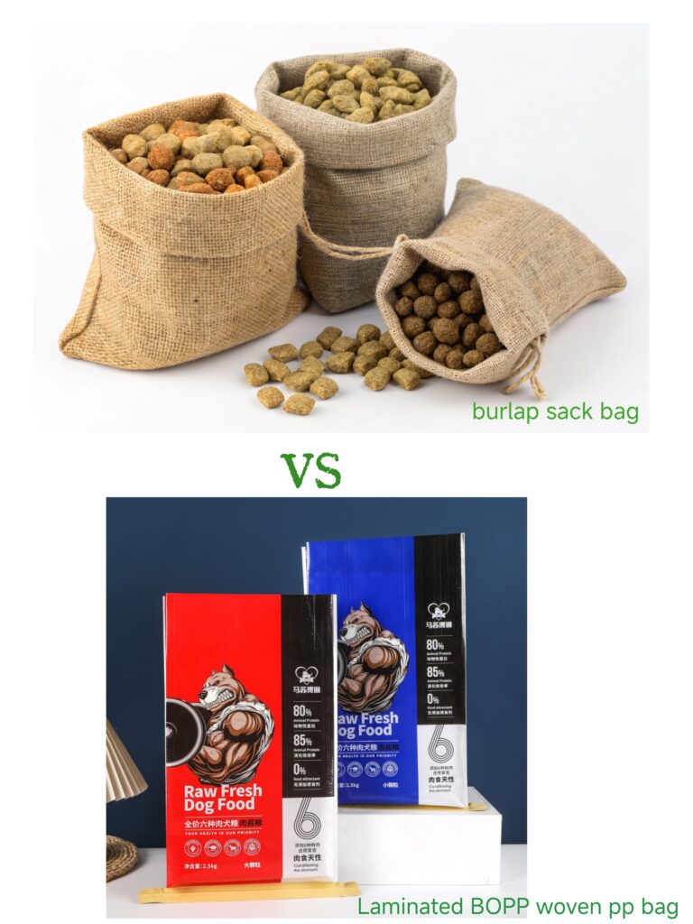 Comparison of burlap sack bags and laminated BOPP woven PP bags for pet food packaging, showing visual and branding differences.
