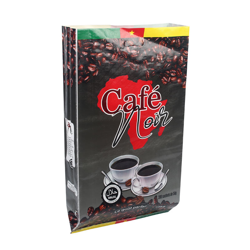 Café Noir coffee packaging with Africa map design, coffee beans, and two coffee cups.
