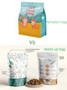 Comparison image showing flat bottom bag for cat food and stand-up pouch for dog food.