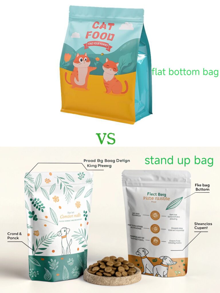 Comparison image showing flat bottom bag for cat food and stand-up pouch for dog food.