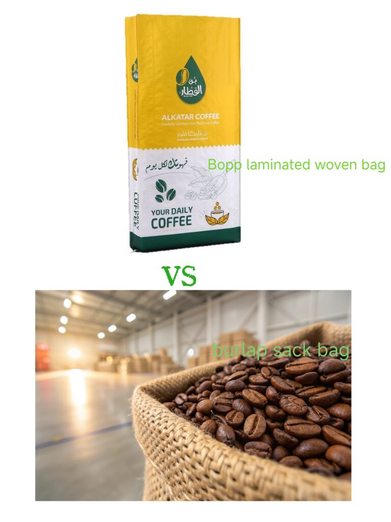 Roasted coffee beans in burlap sack inside warehouse with stacked boxes in background.