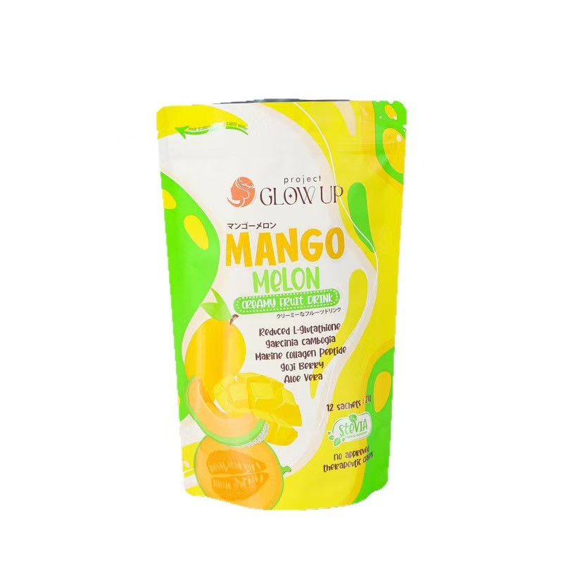 Stand-up pouch packaging for mango melon creamy fruit drink with vibrant green and yellow design.