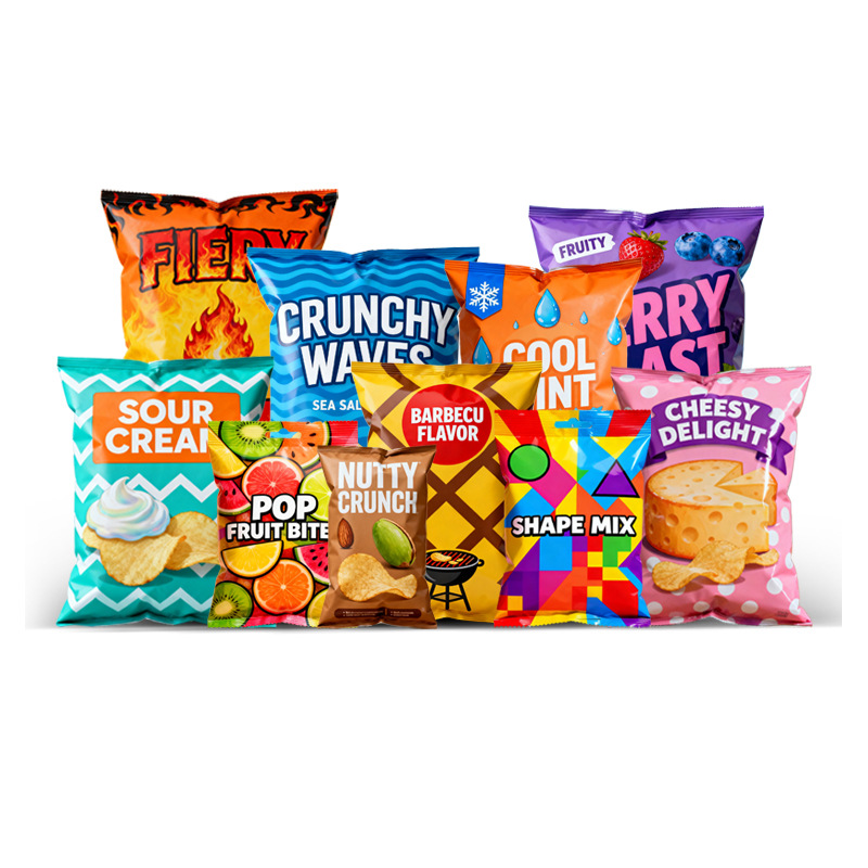 Assorted colorful snack packaging bags for chips, nuts, and fruit bites in various flavors and designs.