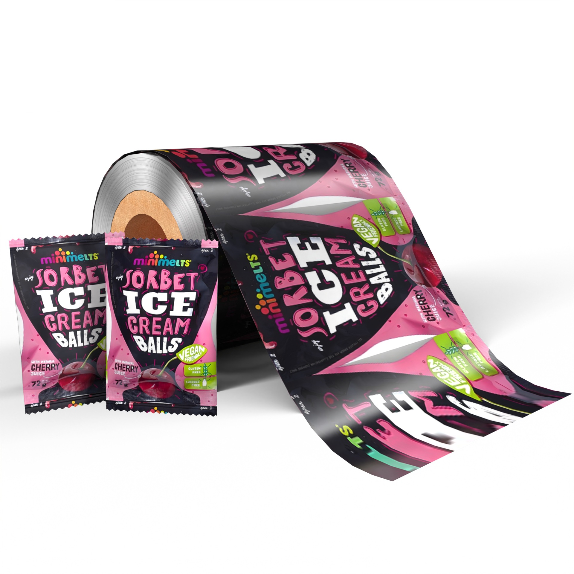 Custom printed laminated roll and sachets for cherry-flavored sorbet ice cream balls in vibrant pink and black design.
