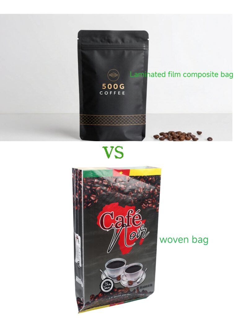 Side-by-side comparison of a 500g laminated film coffee pouch and a Café Noir woven bag.