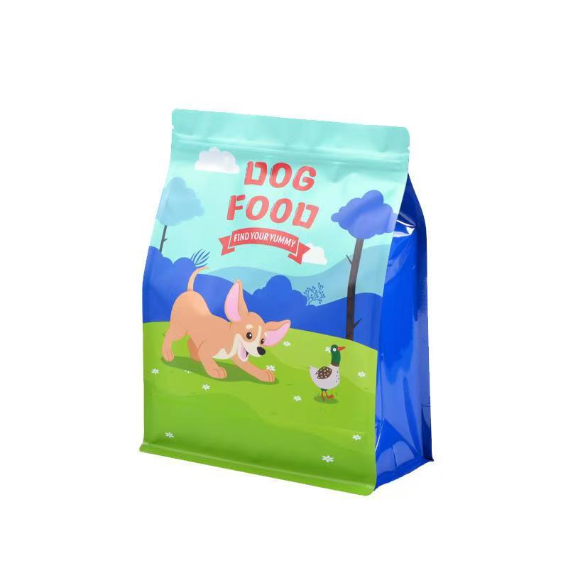 Colorful flat bottom dog food bag with playful cartoon cat and yarn illustration.