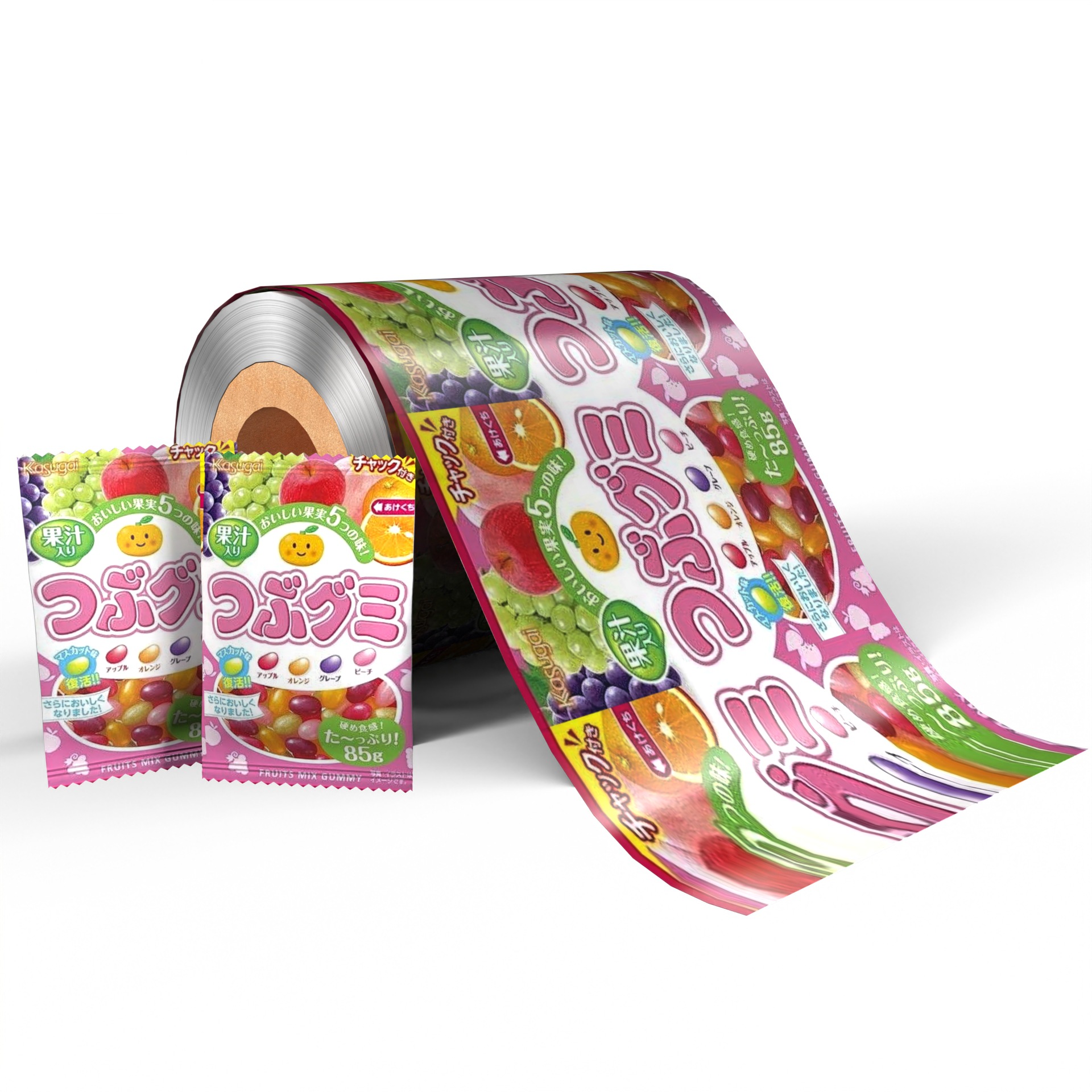 Laminated roll film and candy sachets with colorful Japanese fruit gummy packaging design.