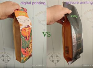 Side-by-side comparison of digital and gravure printed 250g coffee bags held in hand, showing color and finish differences.