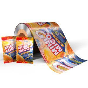 Colorful laminated roll film and snack sachets with custom printed MIMIMICO jelly candy design.