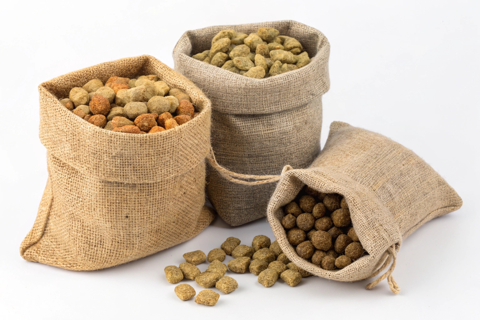 Three burlap sacks filled with mixed dry pet food or kibble, placed on white background.