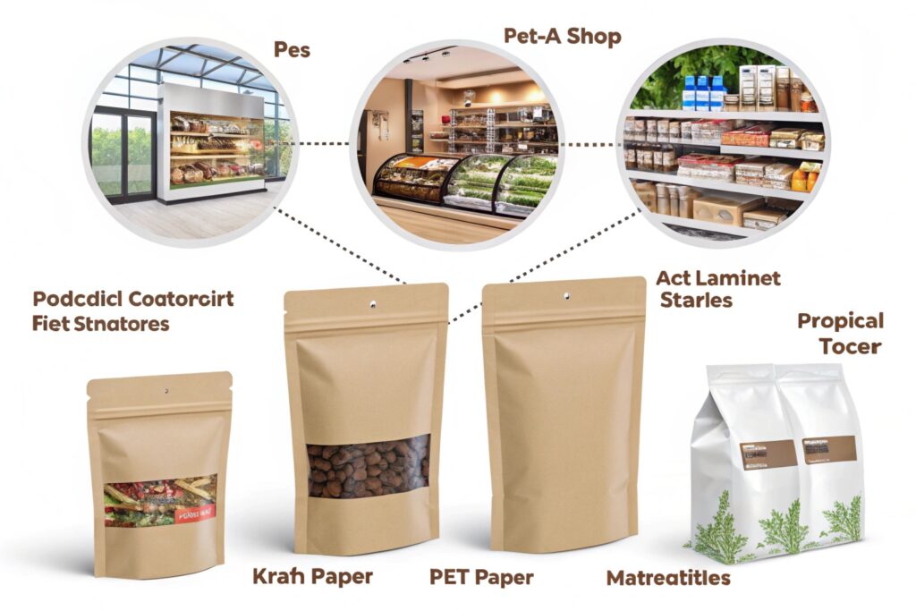 arious kraft and laminated pouch packaging types linked to retail, pet, and food store settings.