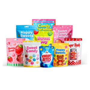 Various colorful stand-up pouches for candy and sweets with playful, eye-catching designs and labels.