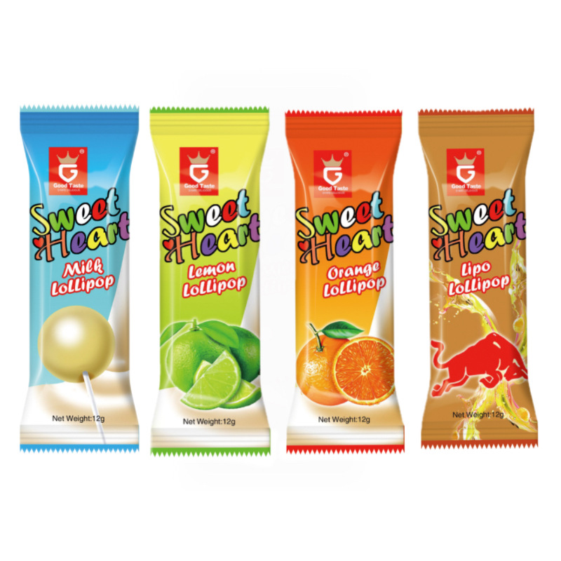 Colorful lollipop packaging for milk, lemon, orange, and energy drink flavors under Sweet Heart brand.