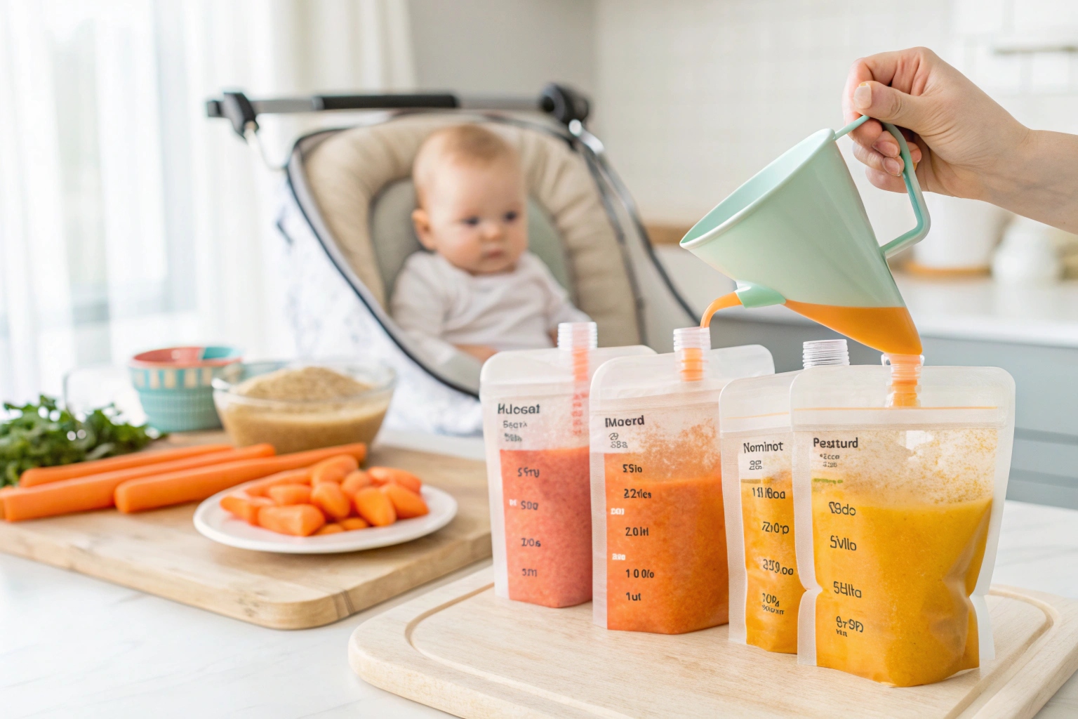 Hand pouring homemade baby food into reusable pouches with baby in background.