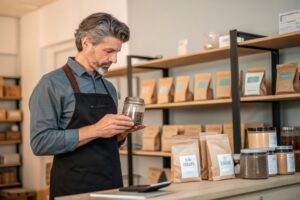 Coffee shop owner inspecting jar with kraft coffee bags and containers on display shelves.