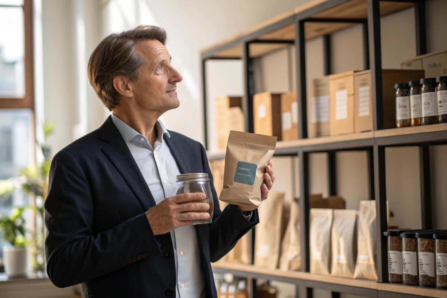Businessman holding kraft pouch and jar, inspecting packaging in a well-lit product showroom.