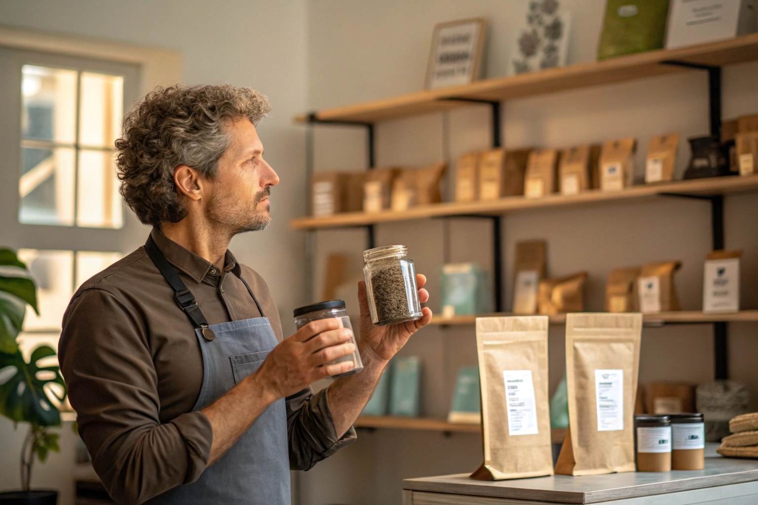 Shop owner holding jars of tea or herbs, surrounded by kraft pouches and retail packaging on shelves.