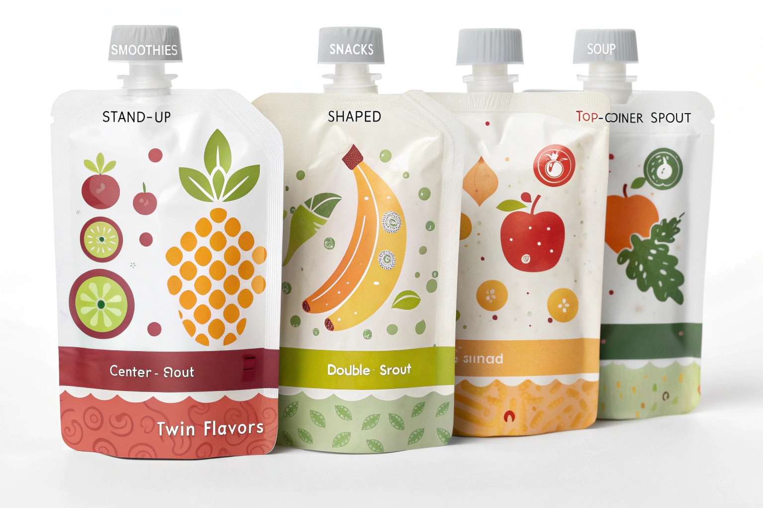 Variety of colorful spouted pouches labeled for smoothies, snacks, and soup.