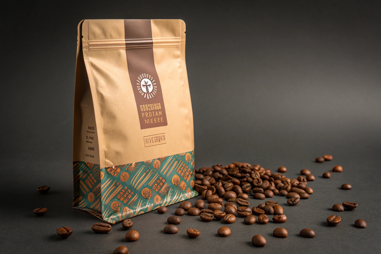 Matte kraft coffee pouch with brown and teal design, surrounded by roasted beans.