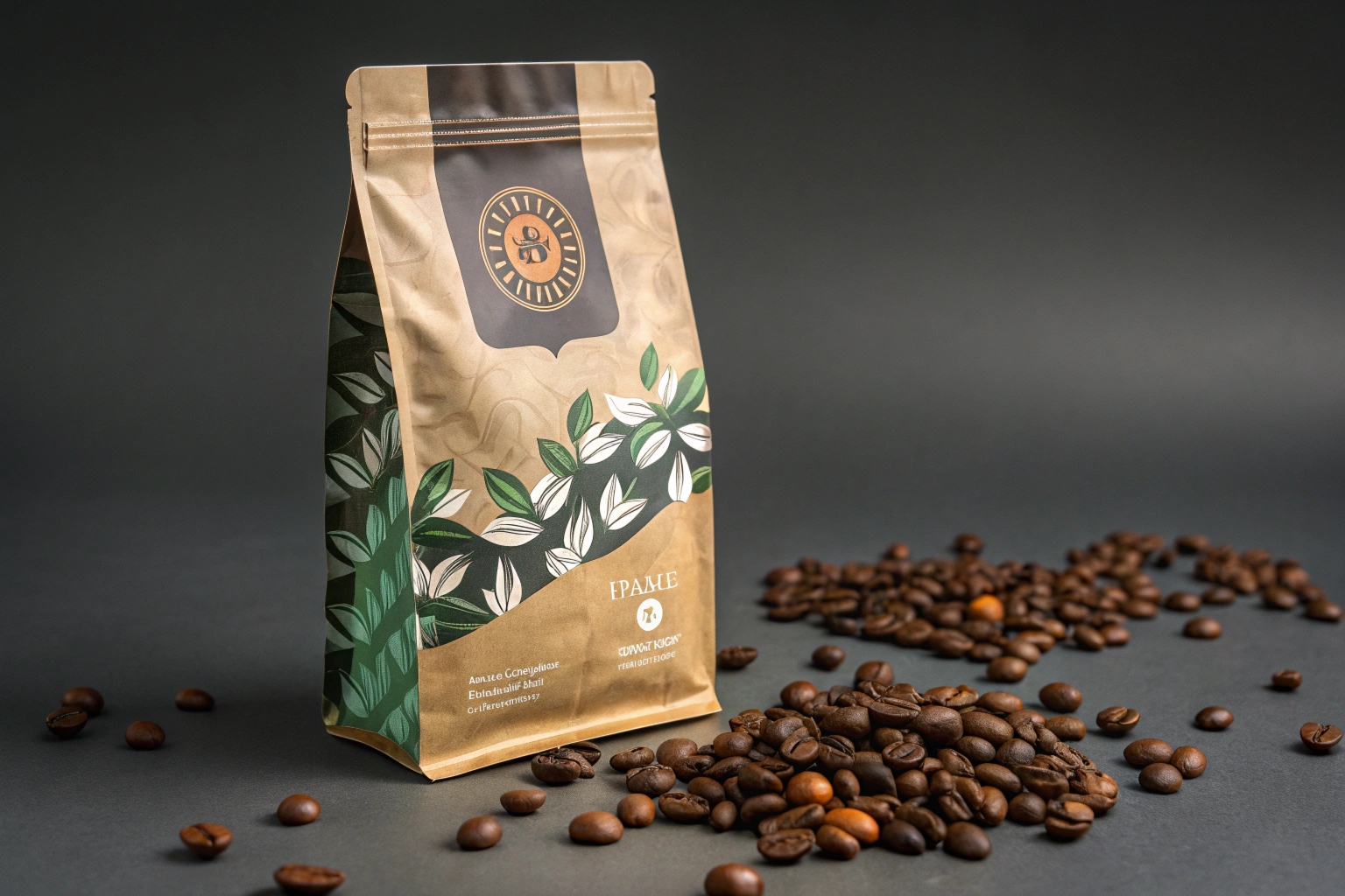 Eco-style coffee pouch with leaf graphics and roasted beans on dark background.