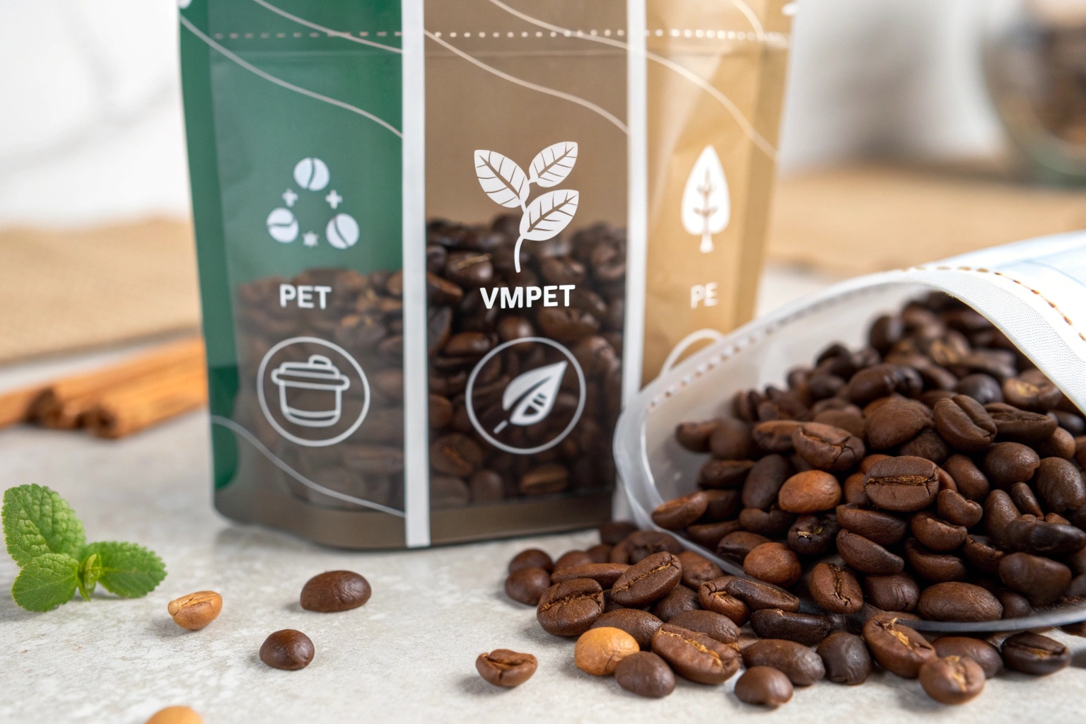 Coffee beans in PET/VMPET/PE multi-layer pouch showcasing material structure and freshness protection.